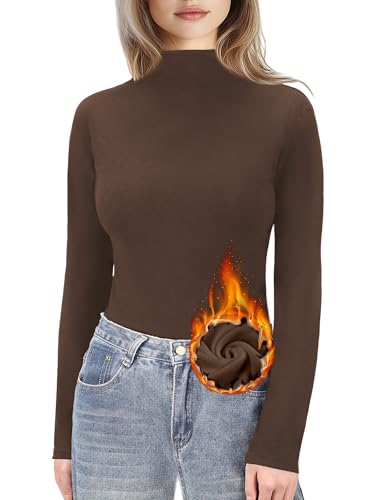 MS.ING Women's Mock Turtleneck Shirt Long Sleeve Fitted Thermal Shirts Basic Layer Tops(US, Alpha, Medium, Regular, Regular, Brown)