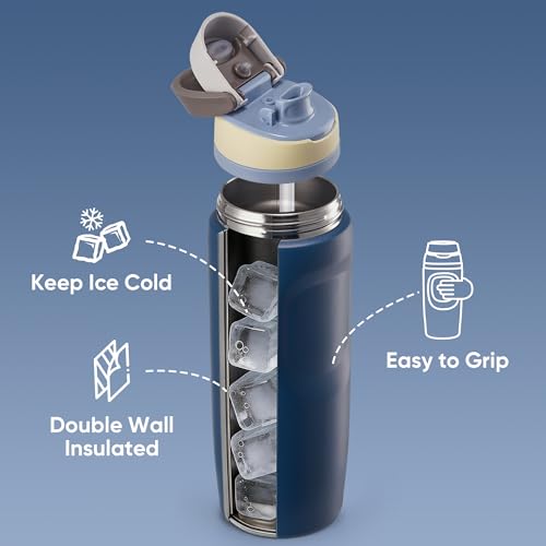 Image of Fijinhom 24 oz Insulated Water Bottle,Stainless Steel Sports Water Bottle with Straw, Double Wall Vacuum Leak Proof, Cold for 24 Hours, BPA Free for Travel, Sport, Outdoor, Dark Blue