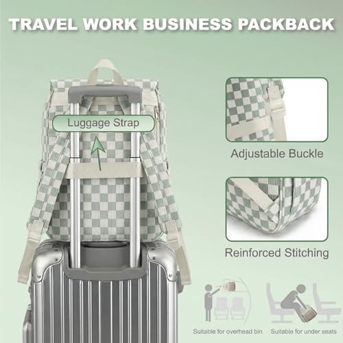 Image of Women Laptop Backpack, Corduroy 15.6 inch Travel Backpack for Work College Business, Teacher Nurse Bag with Large Capacity School Bookbag Bags for Girls - Checkered Matcha Green