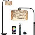 FINNCHY Marble Arc Floor Lamps for Living Room, 1200 Lumens 15W Rattan Boho Floor Lamp with Remote Control, Adjustable Height Rustic Floor Lamp for Bedroom, Boho Standing Lamp Tall Lamp Home Décor