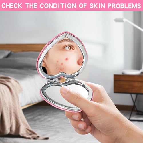 Colexy Rosa Herzform Taschenspiegel, Tragbarer Taschen Spiegel, Glänzend Taschenspiegel Mädchen, Doppelseitig Schminkspiegel mit 2X Vergrößerung, Handspiegel Klein Perfekt für Make-up und Reisen