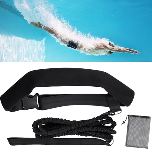 SUQ Cinturón de Natación 2.2 m, Cinturón de Resistencia para Entrenamiento de Natación, Correa Estática Estacionaria de Natación, Cinturón de Resistencia Ajustable con Arnés de Natación (Negro)