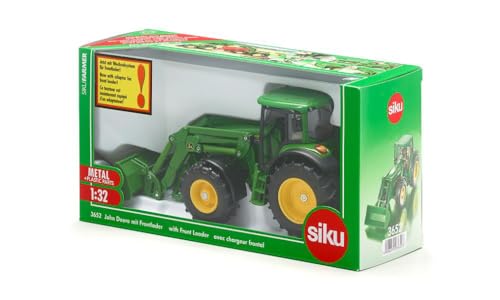 siku 3652, John Deere Traktor mit Frontlader, 1:32, Metall/Kunststoff, Grün, Beweglicher Frontlader, Abnehmbare Fahrerkabine