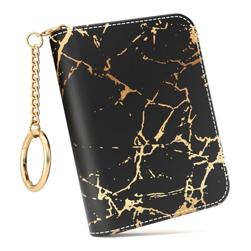 Image of Credit Card Holder RFID Wallet for Women, Small Leather Card Organizer Case with Zipper and Keychain, Black Gold Marble
