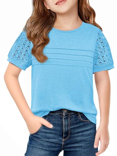 Image of Haloumoning Girls Short Sleeve T Shirts Kids Summer Lace Crewneck Tops Fashion Pleated Tees 5-14 Years