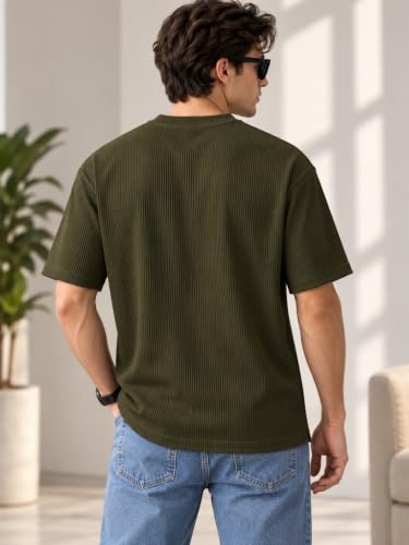 Image of Leriya Fashion T Shirt for Man | Men Luxury Vertical Stripe Textured T-Shirt | Classic Crew Neck Short Sleeve Knit Tee | Cotton Tshirts for Men | Regular Fit Soft Tshirt with Modern Golf Athletic