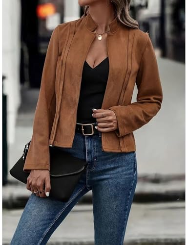 Women'S Fall Faux Suede Jackets Long Sleeve Coats Fashion Dressy Outwear cropped jackets3