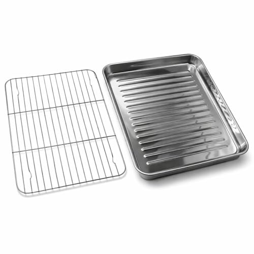 Lexara Stainless Steel Baking Tray with Cooling Rack Set,Oven Safe Roasting Pan with Wire Rack for Cookies Cake Bread Multipurpose Drip Tray for Grilling Baking Roasting Kitchen Use (9.6X7.2)