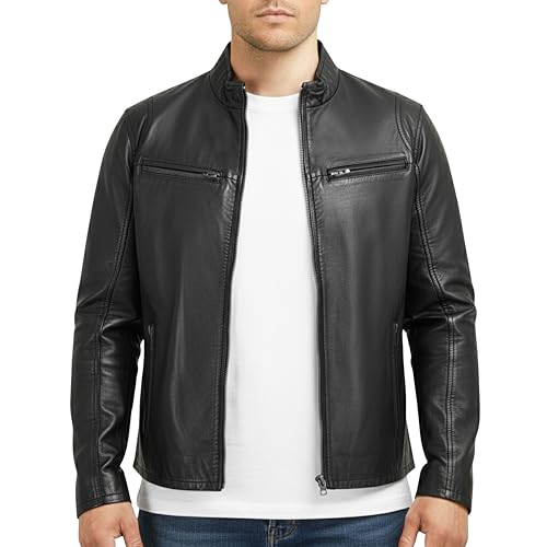 Leatherick Herren Premium Nappa Schafsleder Cafe Racer Schwarze Bikerjacke (DE/NL/SE/PL, Alphanumerisch, M, Regular, Regular, Jacket Black Hooper Style)