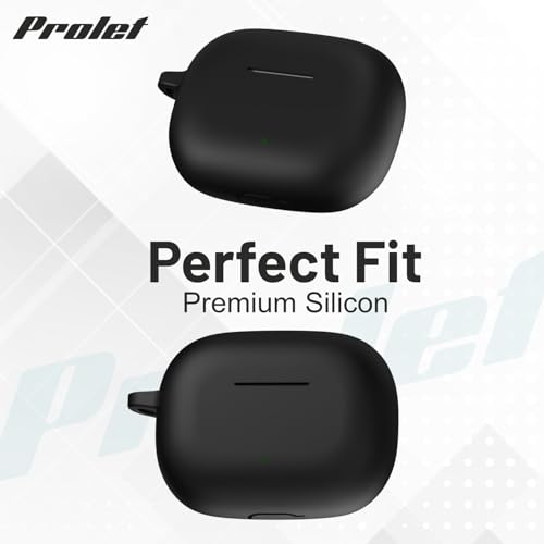 Image of Prolet Silicone Case Compatible for Realme Buds T300 - Soft Shockproof & Dust-Proof 360 Full Protective Cover with Carabiner Hook | Anti-Scratch, Durable & Lightweight Earbuds Case (Black)