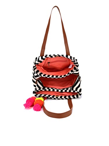 Image of maisha by Esha Stylish Cotton Jacquard Tote Bag for Women - Handcrafted Travel Handbag, Cabin & Overnight Bag | Spacious Multi-Purpose Bag with 3 Compartments