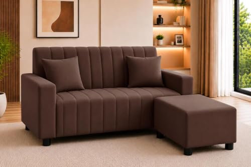 Image of Rosebell 2 Seater Sofa Set with Ottoman | Living Room Couch | with Printed Cushions | Sofa for Home, Office & Apartment-Brown Color