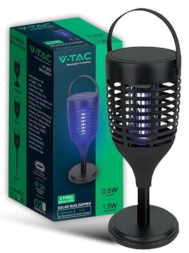 V-TAC Zanzariera Elettrica Portatile Ricaricabile con Panello Solare o Porta USB-C - Design Innovativo 3 in 1 - Luce Blu UV Uso Interno, Esterno, Giardino, Viaggi - Trappola Elettrica Zanzare Insetti