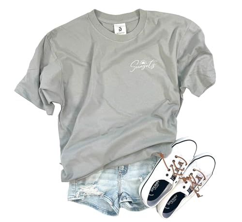 Summer Graphic Tees for Women, Beach Tshirts Shirts for Women, Sun Salt Sand Tshirt, Palm Tree Sunset Hawaiian Shirts, Vacation Squad Casual Short Sleeve (Sunsets Lt Grey 2X)