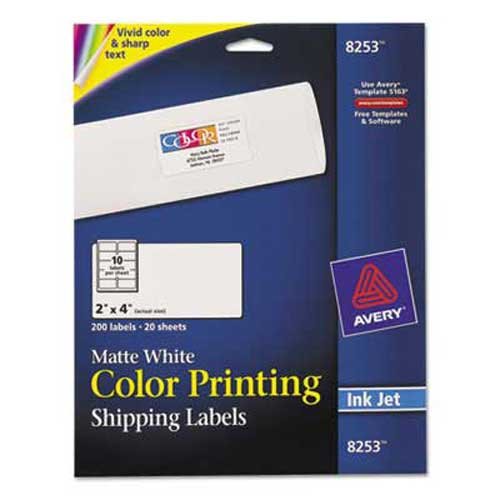 Avery 8253 Inkjet Color-Printing Shipping Labels, 2 x 4, Matte White, 200/PK