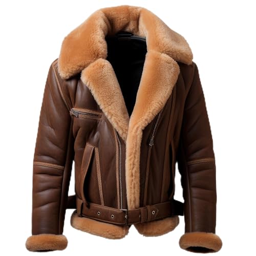 The Next Men Shearling Lapel Fur Leather Jacket B3 Bomber Coat Side Pockets Aviation Genuine Leather Jackets