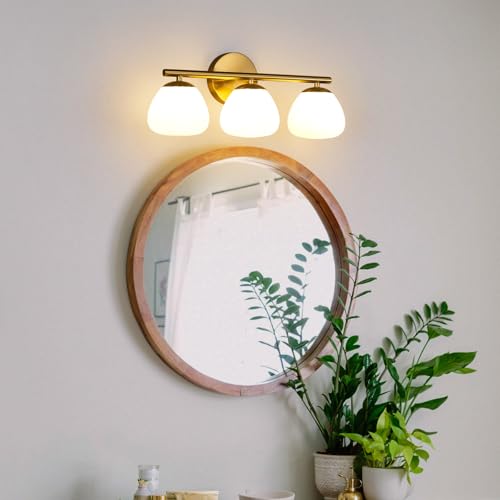 Image of Modern 3 Light Bathroom Vanity Light Gold Vanity Light Bathroom Light Fixtures Over Mirror with Milk Glass Shade Bathroom Vanity Lighting Fixtures