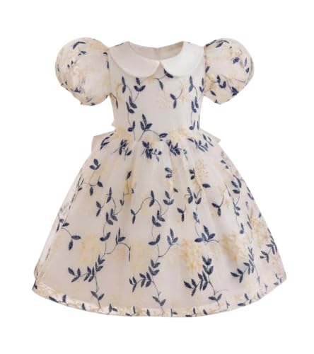 Image of TAGAS Girls Floral Embroidered Party Dress | Puff Sleeve Peter Pan Collar Frock | Elegant Net Princess Dress for Baby Girls | Birthday, Wedding, Ages 2-7 Years | Blue /Red