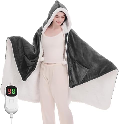 Heated Electric Blanket Shawl - Wearable Heating Blanket Heated Throw Blanket - Heated Hoodie Poncho Wearable Flannel Wrap with 10-Level Heating Auto-Off for Adults (40''x70'', Grey)