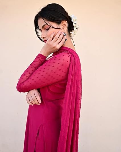 Image of Anveri Textiles Women's Cotton Blend Kurti with Square Neck Long Sleeves Solid Pattern A Line Style Ankle Length and Dupatta Set