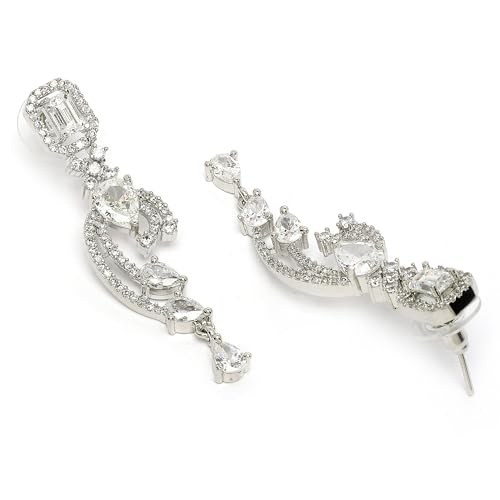 Image of ZENEME Rhodium Plated Silver Toned American Diamond Studded Paisley Necklace With Earrings Jewellery Set For Women & Girls