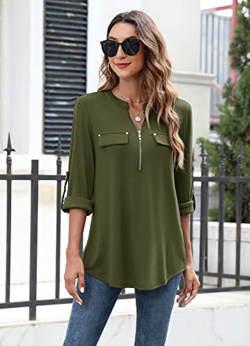 Image of Bulotus 3 /4 Length Sleeve Womens Striped Tops Zipper V Neck Collared Blouses Business Casual Tunics 2026 Spring Trendy