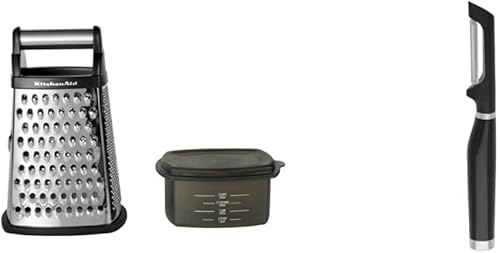 KitchenAid Gourmet - Rallador de caja de acero inoxidable de 4 lados (10 pulgadas de alto, negro) y pelador KitchenAid Classic Euro (negro)
