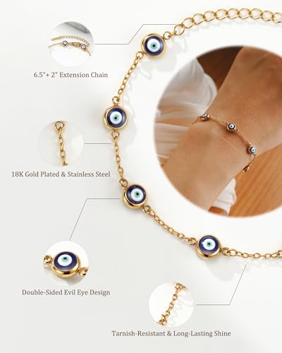 18K Gold Plated Stainless Steel 7 Evil Eyes Bracelet - Sevenfold Protection Bracelet Ojo Turco Amulet Lucky Jewelry Gifts with Meaning Card for Women & Teen Girls3