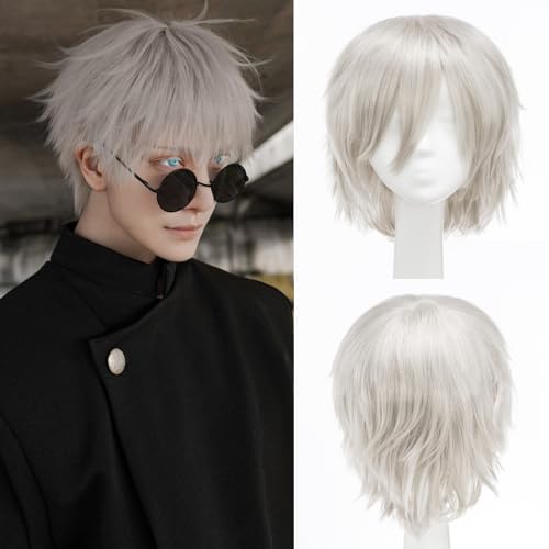 Image of S-noilite Unisex Short Cosplay Hair Wig Women Men's Short Straight Layered Pixie Wig with Bangs for Halloween Costume Anime Party Synthetic Wigs Gray Grey