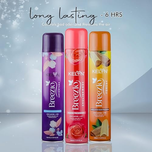 Image of KELYN Room Freshener - Long Lasting Air Fresheners for Home, Office, Cars & Toilets Aer Spray - Room Freshner Spray for Bedroom - (Pack of 3, 230ml each) - Anti-Tobacco, Sandal & English Rose