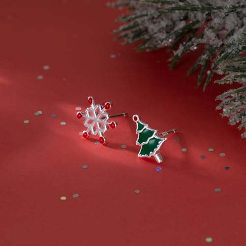 Reffeer Solid 925 Sterling Silver Christmas Tree Studs Earrings for Women Teen Girls Snowflake Studs Earrings Asymmetric Christmas Earrings4