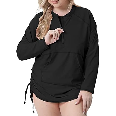 Halcurt Women Long Sleeve Rash Guard Tummy Control Sunscreen Swim Shirt Black 1X Cover