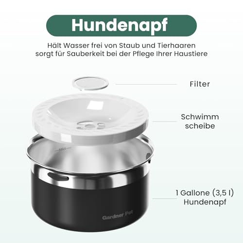 Gardner Pet Wassernapf Hund ohne Sabbern, 3,85L Edelstahl Hundenapf Auslaufsicher, Anti-Verschluck-Wasser für große Hunde, Für Innen, draußen geeignet, Verhindert Tropfen, Schwarz