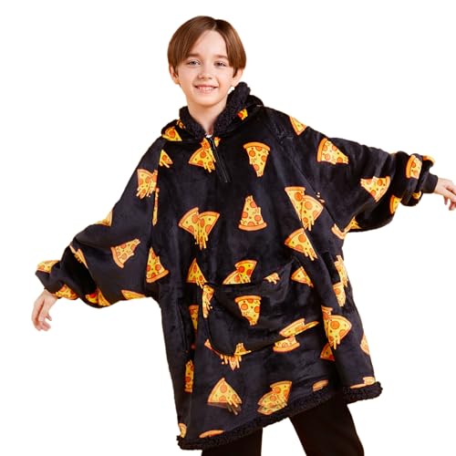 Image of Giggling Getup Wearable Blanket Hoodie for Girls and Boys Warm Cozy Sherpa Fleece Hooded Blanket Sweatshirt Oversized Hoodie with Giant Pocket & Sleeves for Kids Pizza