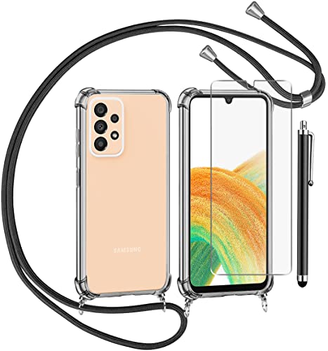 Funda con Cuerda para Samsung Galaxy A33 5G y Cristal Templado Protector de Pantalla,Transparente Suave Silicona Carcasa, Ajustable Cordon Collar Colgante Antigolpes Case, Negra Cover