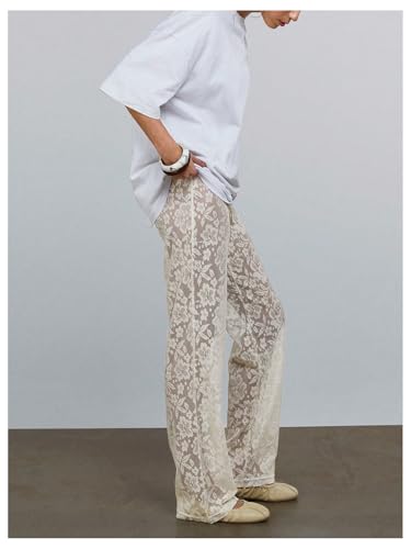 Floerns Women's Floral Lace Straight Leg Pants See Through Going Out Rave Bottoms4