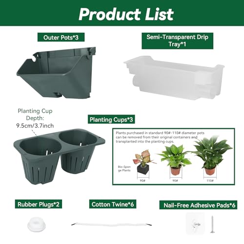 Lot de 3 pots de fleurs muraux à suspendre, jardinière verticale autonome - 4