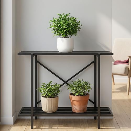 Image of ecofynd Adam Plant Stands for Outdoor Balcony, Flower Pot Stand for Indoor Plants, Large Metal Planter Stand for Living Room, home decor, Indoor & Outdoor plants, 2 Tier, (26 Inch, PS049-BLK)