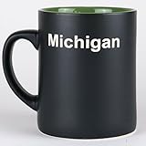 Michigan Great Lakes State Coffee Mug, Black Ceramic with Green Interior, 18 oz Capacity, Matte Black with State Outline, Hot Beverage Cup (Green Inside)