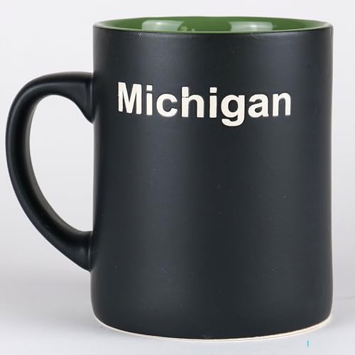 Michigan Great Lakes State Coffee Mug, Black Ceramic with Green Interior, 18 oz Capacity, Matte Black with State Outline, Hot Beverage Cup (Green Inside)