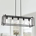 ZCPULS Black Farmhouse Chandelier for Dining Room, Rectangular Linear 5-Light Pendant Lights Kitchen Island Over Table, Rustic Hanging Ceiling Light Fixtures with Wood Grain and Metal for Living Room