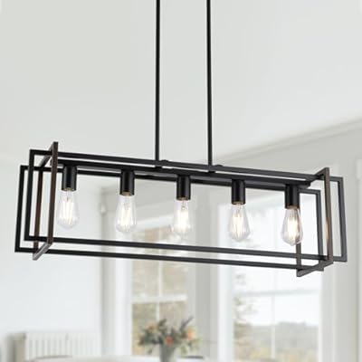 ZCPULS Black Farmhouse Chandelier for Dining Room, Rectangular Linear 5-Light Pendant Lights Kitchen Island Over Table, Rustic Hanging Ceiling Light Fixtures with Wood Grain and Metal for Living Room