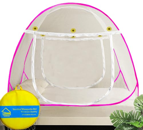 VERDIOZ Mosquito Net for Double Bed King Size | Strong 28 GSM White Net | White PVC Coated Corrosion Resistant Steel Frame | 2 Doors | Foldable Machardani - (Pink+Sunflower)