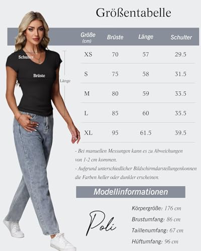 RIROW Damen Sommer T-Shirt Basic V-Ausschnitt Kurzarm Rippstoff Figurbetont Slim Fit Atmungsaktiv Elegant Y2K Top Schwarz, L