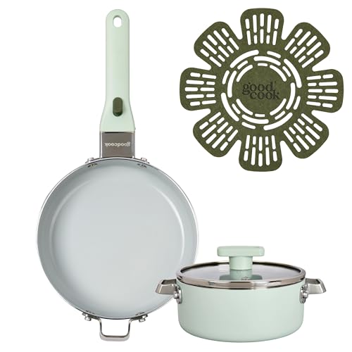Image of GoodCook Ceramic Cookware Set 5-Piece with Removable Handle, Induction Compatible, Nonstick and Oven Safe with 8-Inch Frypan, Sage Green