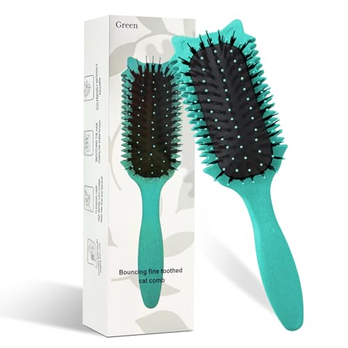 CNMTCCO Cepillo para rizar el cabello, cepillo para el pelo rizado, cepillo para peinar y dar forma, cerdas de nailon, reforzador de rizo, diseño divertido de cabeza de gato (Cat Ear Green)