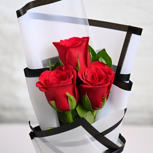 Image of FlowerAura Premium Fresh Live Flower Bouquet of 3 Red Roses In Designer Paper Gift For Birthday | Anniversary | Love | Home Decor | Fathers Day Gift For Dad (Same Day Delivery)
