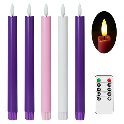 Stmarry Flameless Advent Candles, Set of 5 - Flickering LED Flame, 10 Inch Taper Candlesticks, Remote Controlled - 3 Purple, 1 Pink, 1 White for Christmas Wreath Cover
