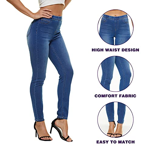 Lictznee Jeggings For Women High Waist, Stretchy Jeans Slim Fit Leg Pull On Jean With Pockets, Soft Breathable Cotton Blend, ((Medium Blue, Large) #TOP4