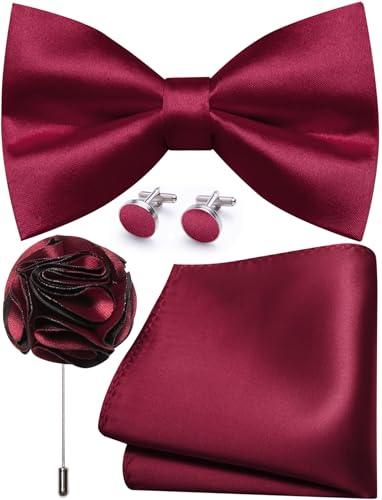 Image of Solid Color Bow Ties for Men Silk Pre-tied Tuxedo Bowtie Set 4PCS | Pre-tied in 3 seconds,adjustable 4PCS bow tie and pocket square cufflinks lapel pin set,wedding,formal,party,prom,graduation